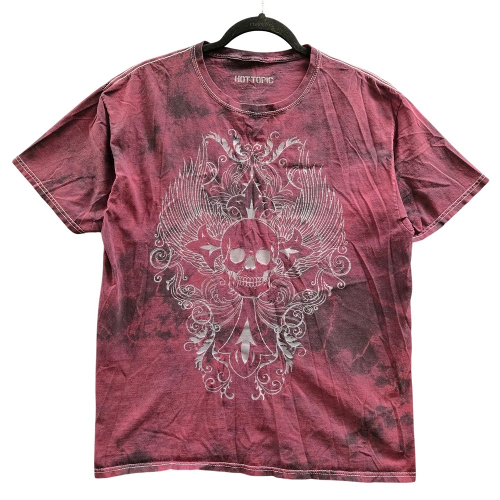 Hot Topic Y2K Grunge Skull Wings Graphic T Shirt Mens XL Red Black Tie Dye